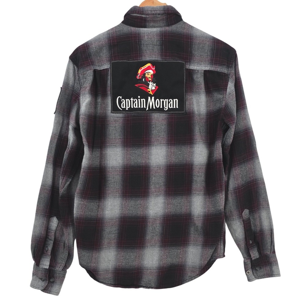 Angry Minnow Vintage Mens S Gray Burgundy Plaid Captain Morgan Flannel Shirt